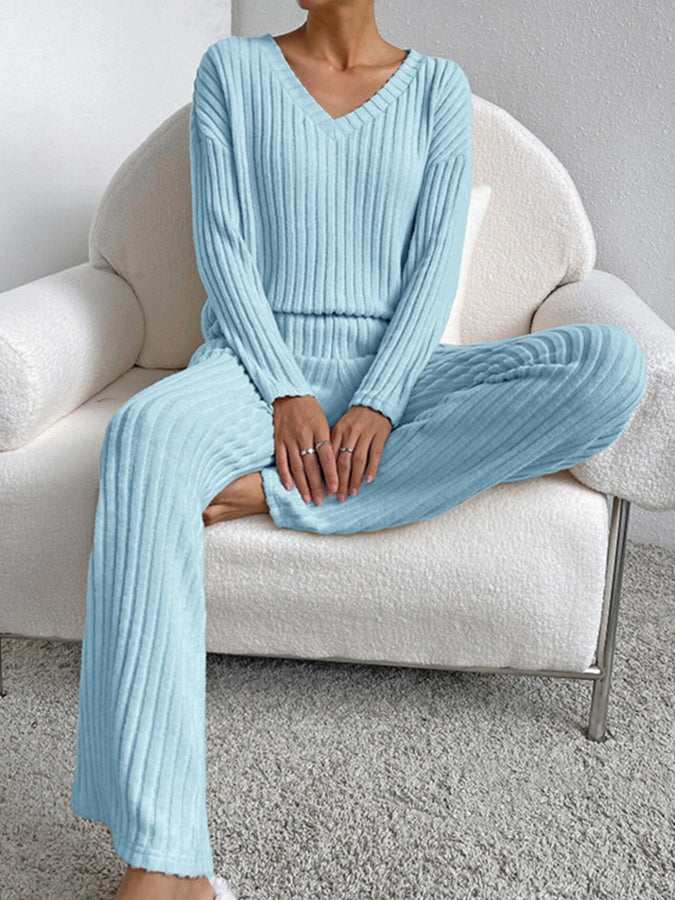 V Neck Long Sleeves Top and Pants Two Pieces Sets