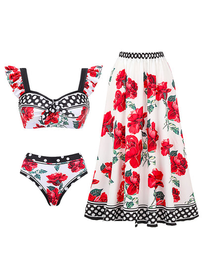 Rose Printed One Piece Swimsuit and Skirt