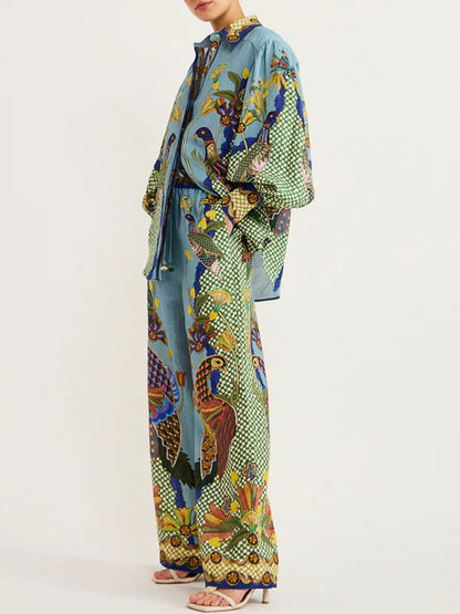 Long Sleeves Printed Blouse and Pants Sets
