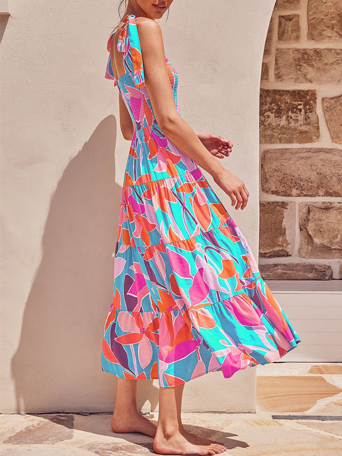 Leaves Printed Tie-shoulder Sleeveless Holiday Maxi Dress