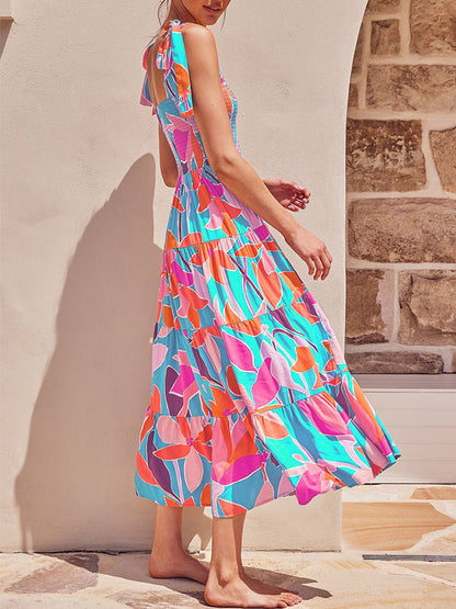 Leaves Printed Tie-shoulder Sleeveless Holiday Maxi Dress