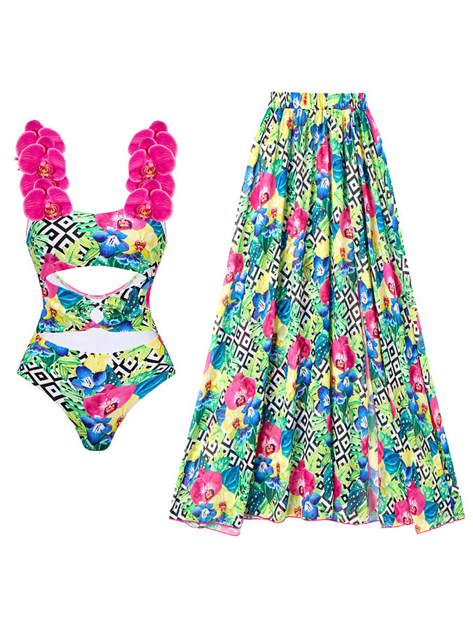 3d Orchid One Piece Swimsuit With Neck Scarf and Skirt