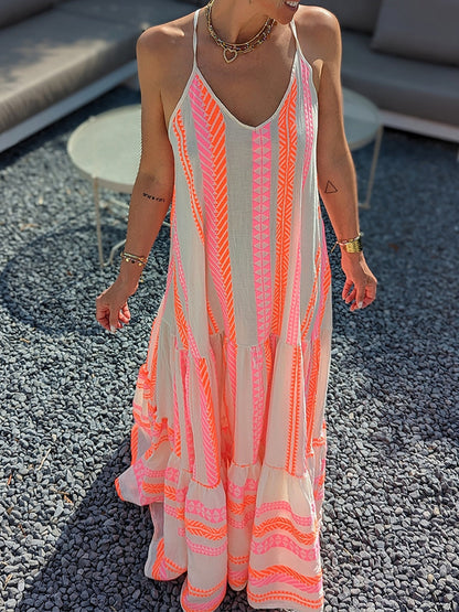 V Neck Sleeveless Tribal Holiday Maxi Dress