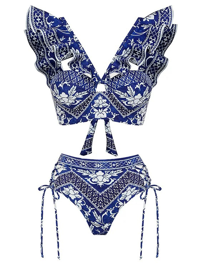 Asymmetrical Ruffle Printed One Piece Swimsuit and Skirt