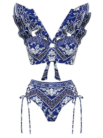 Asymmetrical Ruffle Printed One Piece Swimsuit and Skirt