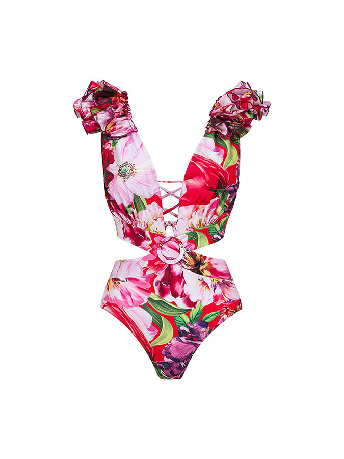 Ruffle Cut Out Flower Printed One Piece Swimsuit and Skirt