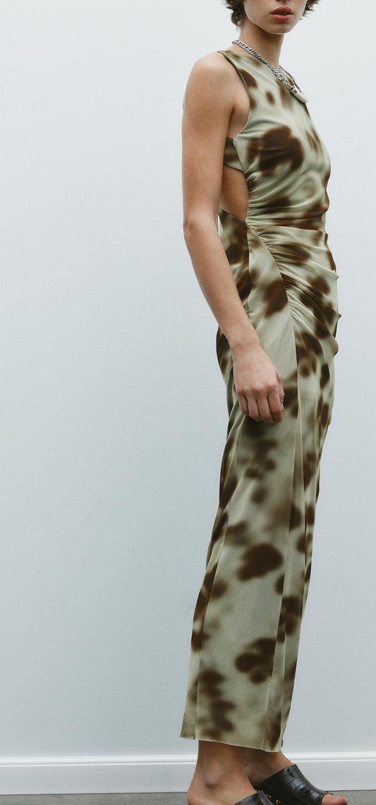 Pleated Silk Net Printing Midi Dress