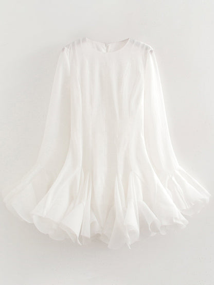 Laminated Ruffled Tulle Tutu Dress Summer Sweet Round Neck Flared Sleeves Slim Fit Short Mini Dress