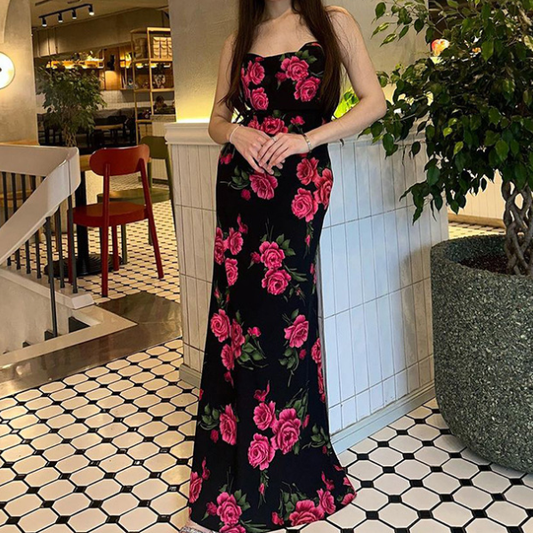 Spring Maxi Dress Spaghetti Strap Print Backless Lace Up Dress