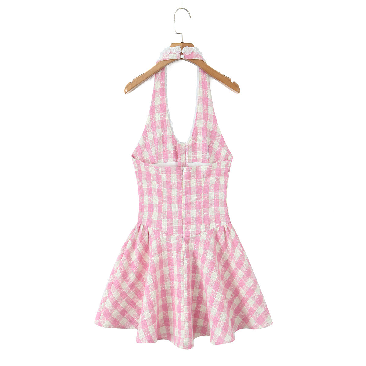 Sweet Plaid V Neck Halter Slim Waist Dress Summer Edge Stitched Backless Short Mini Dress