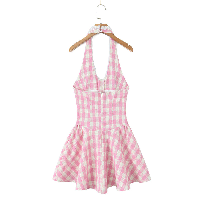 Sweet Plaid V Neck Halter Slim Waist Dress Summer Edge Stitched Backless Short Mini Dress