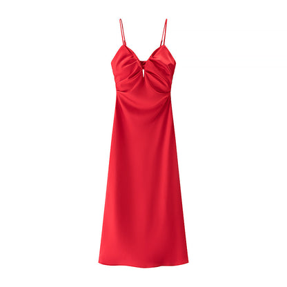 Homemade Clothing Classic Simple Silk Satin Texture Midi Dress