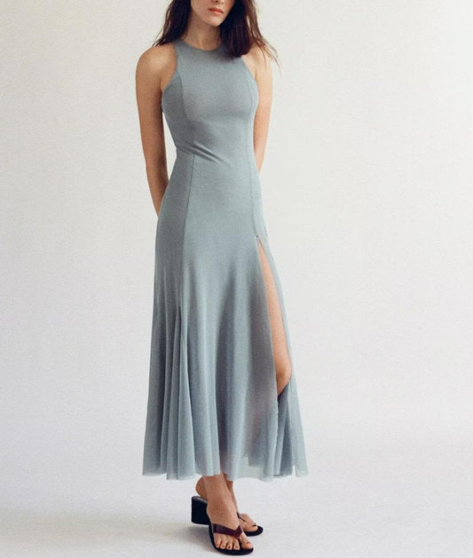 Slim Fit Wide Hem Silk Net Midi Dress