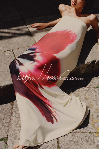Print Strapless Backless Belt Maxi Dress