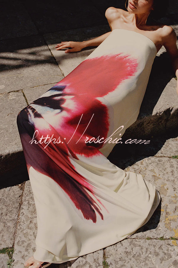 Print Strapless Backless Belt Maxi Dress