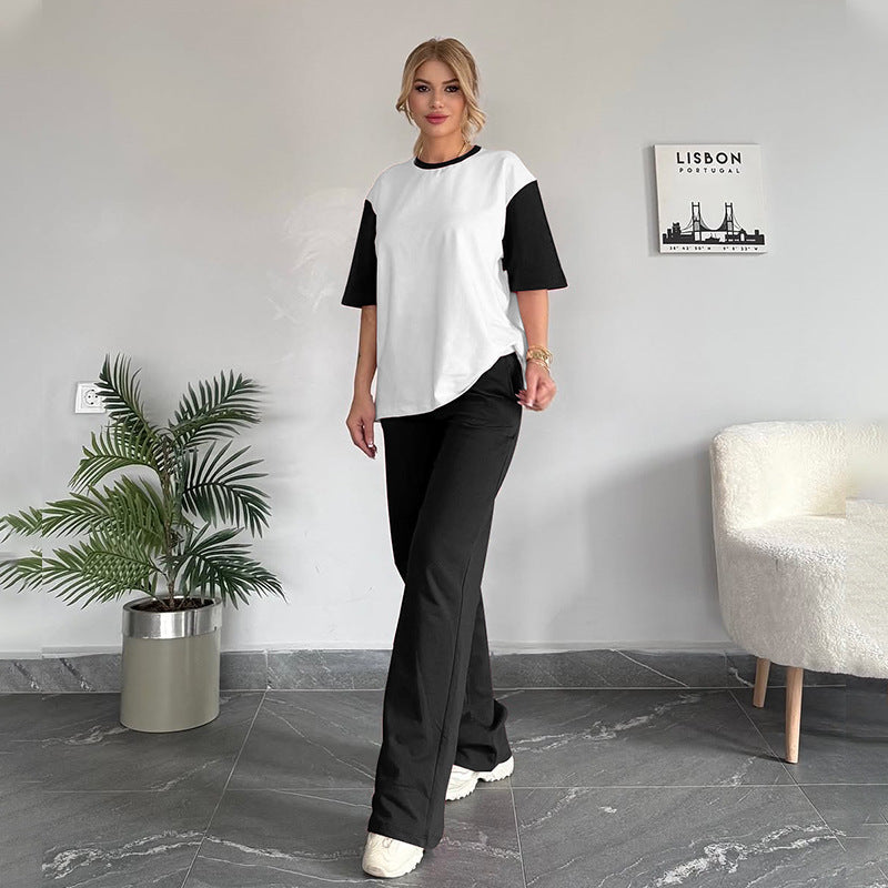 Summer Contrast Color Round Neck Short Sleeved T Shirt Wide Leg Pants Two Piece Sets