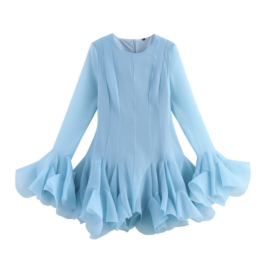 Laminated Ruffled Tulle Tutu Dress Summer Sweet Round Neck Flared Sleeves Slim Fit Short Mini Dress