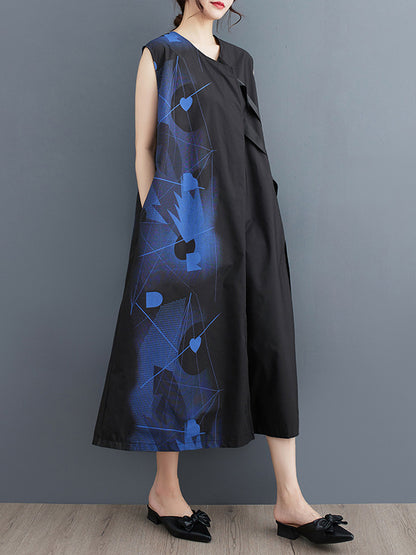 Loose Sleeveless Printed Round-neck Midi Dresses