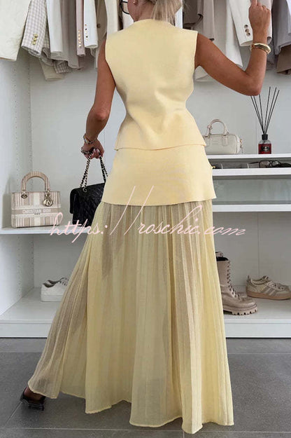 Stylish and Knit Spliced Tulle Elastic Waist Pleated Maxi Skirt