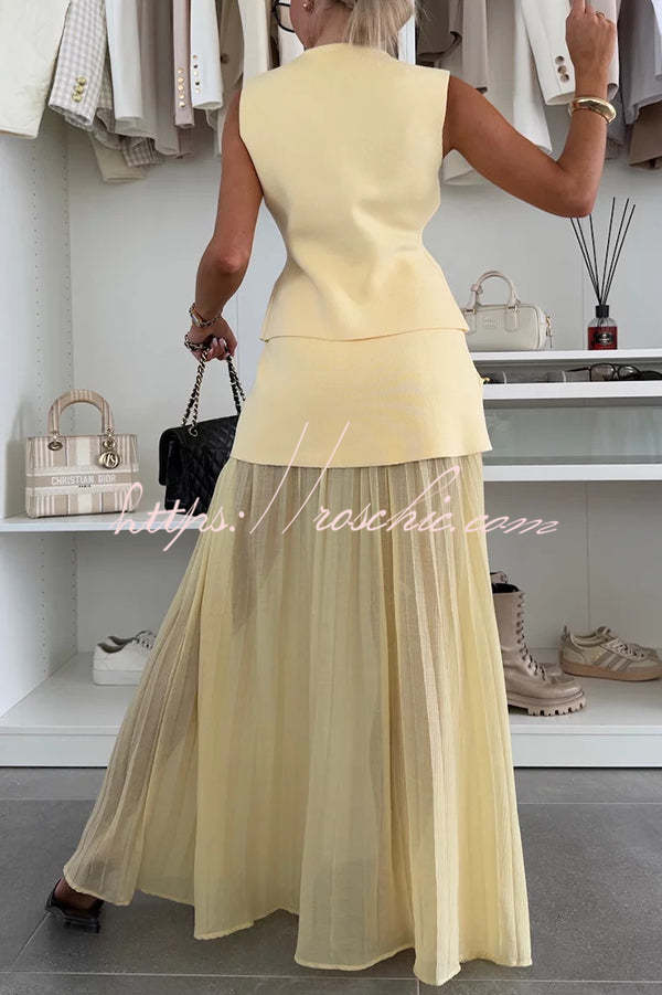 Stylish and Knit Spliced Tulle Elastic Waist Pleated Maxi Skirt