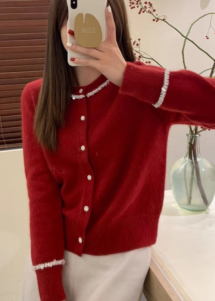French Blue O Neck Handmade Nail Bead Knit Cardigan Fall Qc039