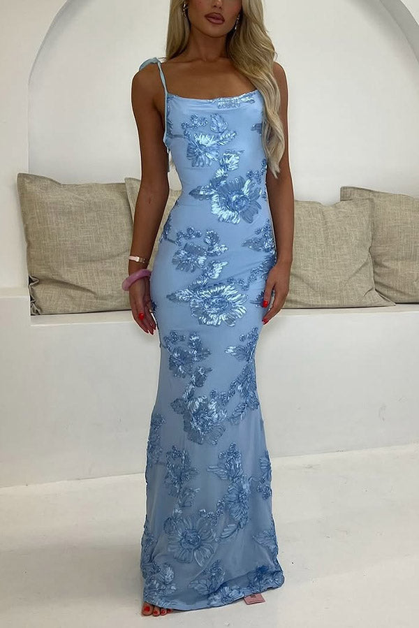 Embroidered Suspender Strap Slim Fit Maxi Dress