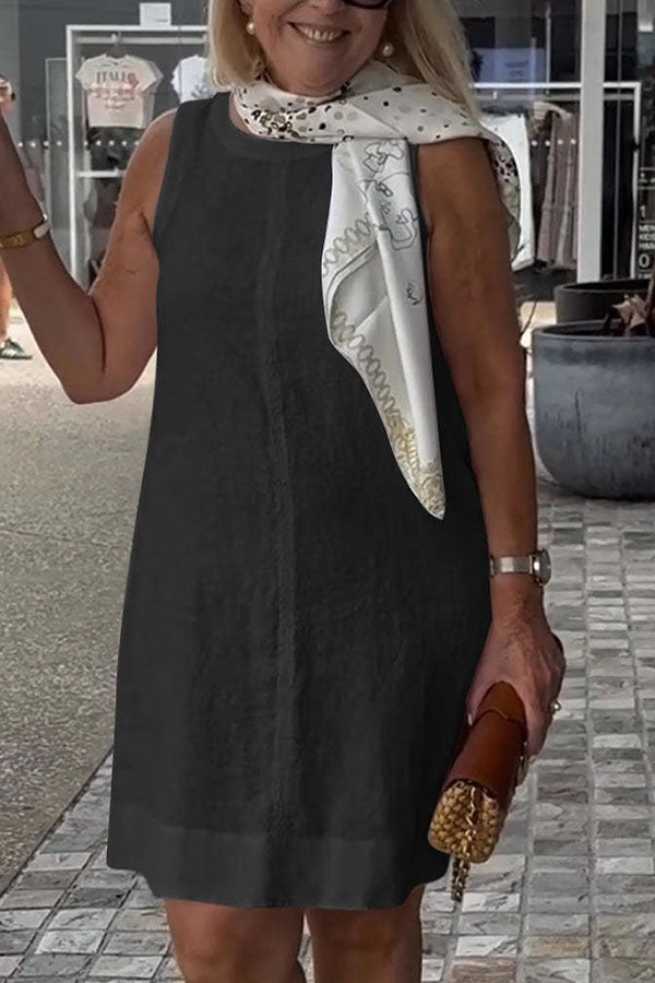 Linen Blend Color Crew Neck Sleeveless Mini Dress