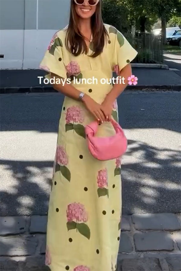 Jasmine Linen Blend Polka Dot Wide Sleeve Shirt Maxi Dress