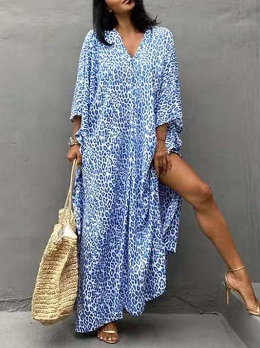 Batwing Sleeves Loose Leopard Split-side Sun Protection V-neck Cover-ups Swimwear Maxi Dresses