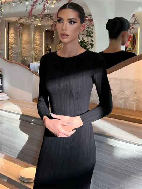 Knit Ribbed Maxi Dress High Waist Long Sleeve Patchwork Slim Party Dress Autumn Knitwear Dress