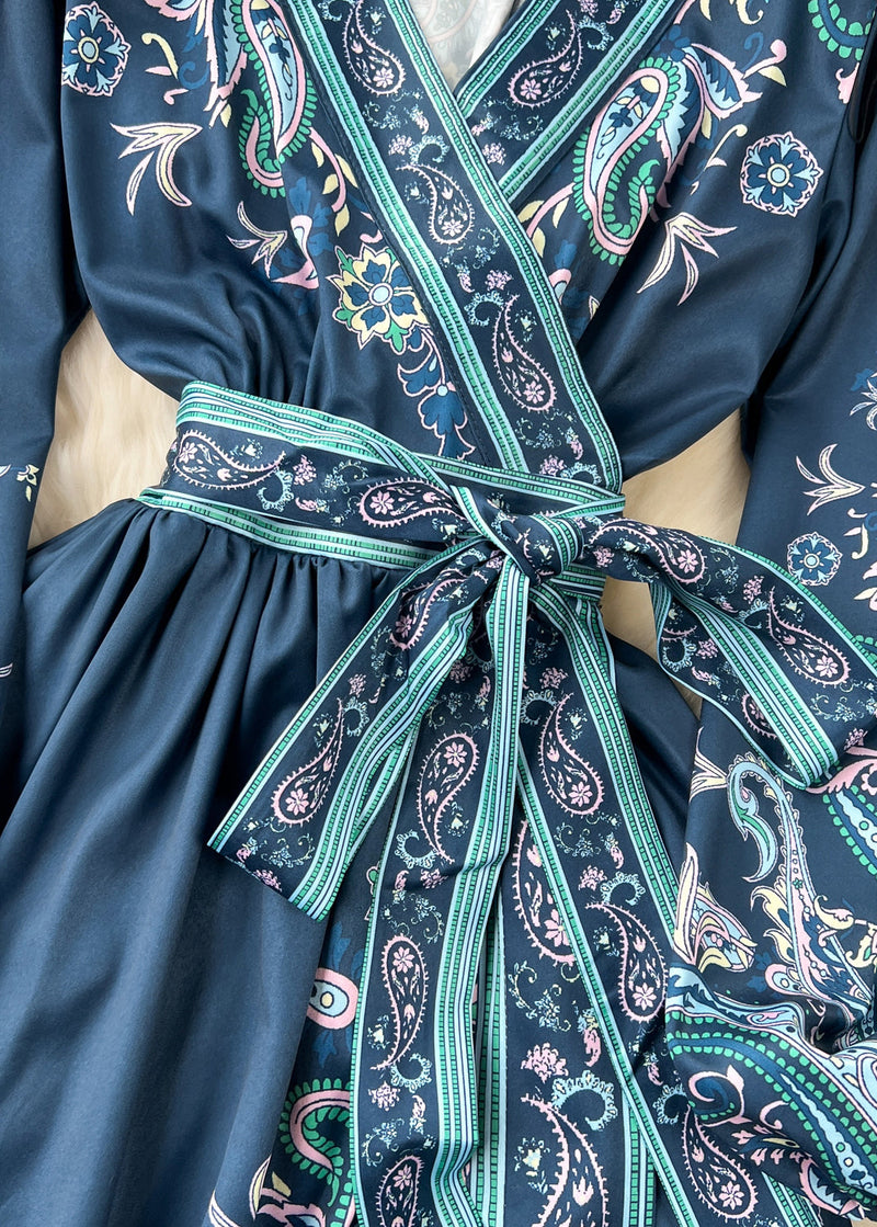 Retro Blackish Green Print Tie Waist Cotton Long Dress Fall