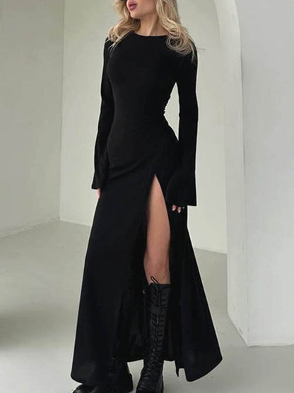 Long Sleeves Loose Asymmetric Color Split-joint Split-side Round-neck Maxi Dresses