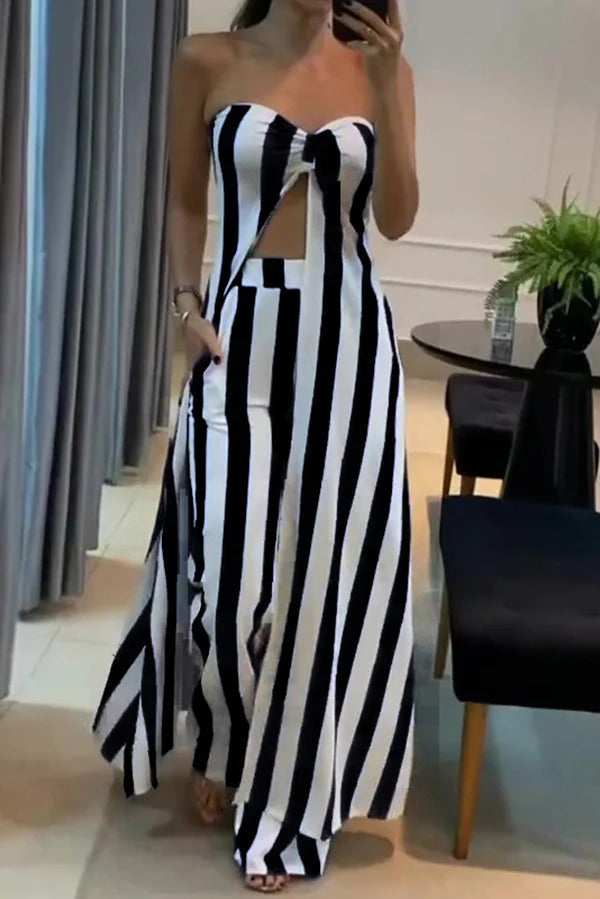 Striped Print Off-shoulder Long Top and Loose Pocket Straight Pants Set