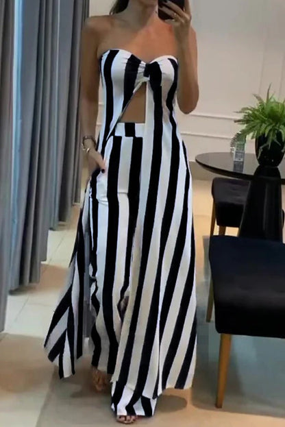 Striped Print Off-shoulder Long Top and Loose Pocket Straight Pants Set