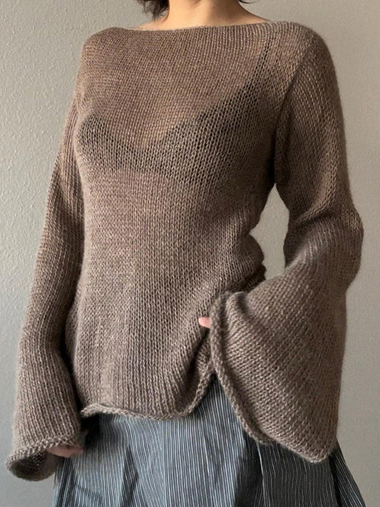 Brown Round-neck Back Cross Hollow Lace-up Long Bell Sleeve Sweater An1039
