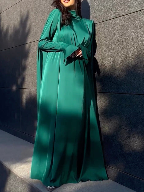 Flared Sleeves Long Sleeves Color High-neck Maxi Dresses