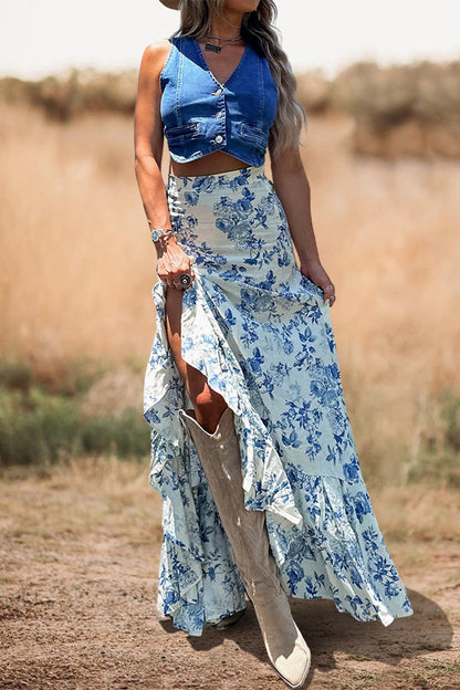 Southern Print Ruffled Slit Maxi Skirt