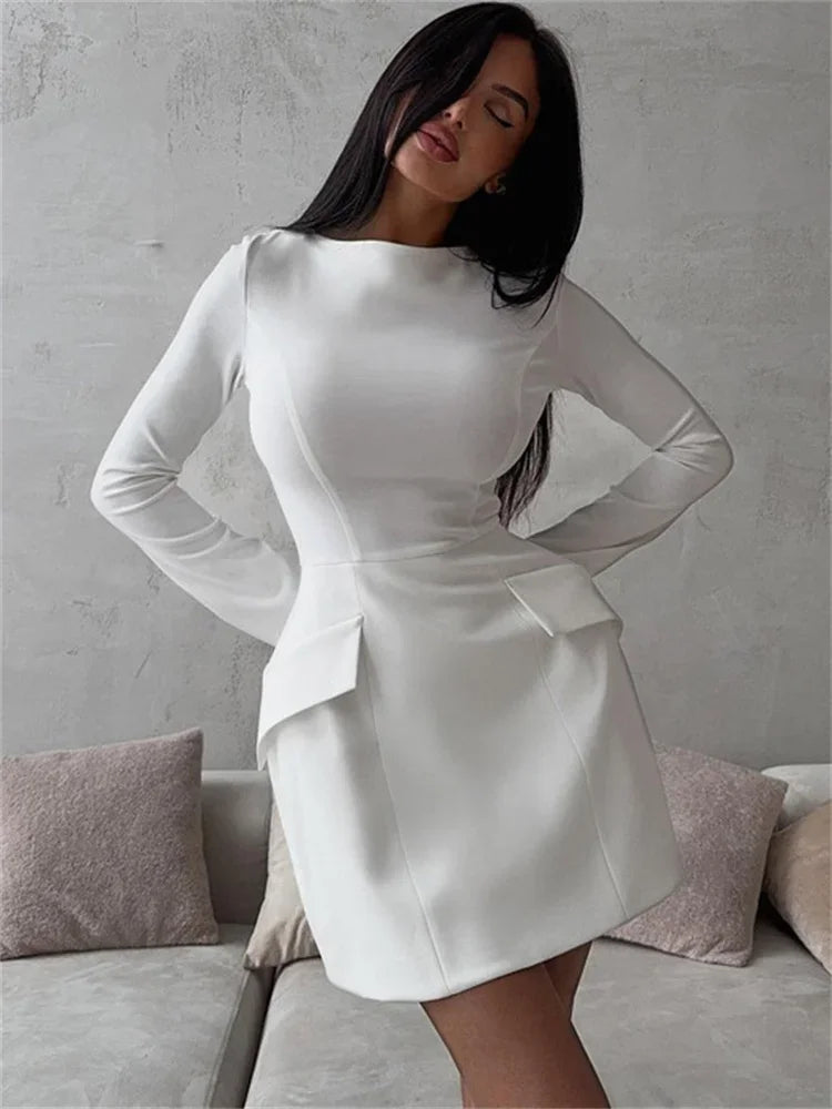 Female White Dress Patchwork Long Sleeve Commute Clothes Dress for Zipper Autumn Mini Dress New