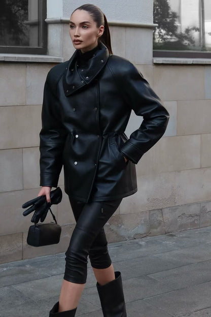 Black Stand Collar Slim Faux Leather Mid-length Coat