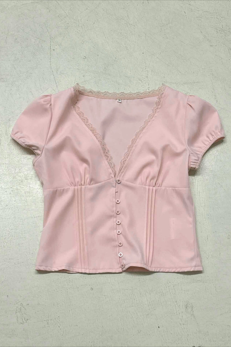 Lace Patchwork V Neck Puff Sleeve Blouse