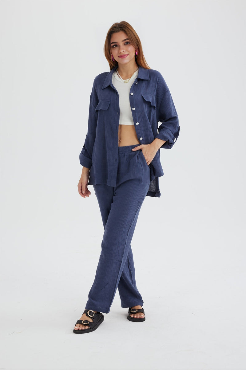 Long Sleeve Pocketed Slit Shirt Long Pants Suits