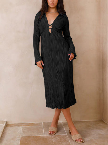 Mountain Vistas Draped Pleated Bell-sleeve Midi Dress