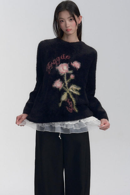 Embroidered Fuzzy Sweater
