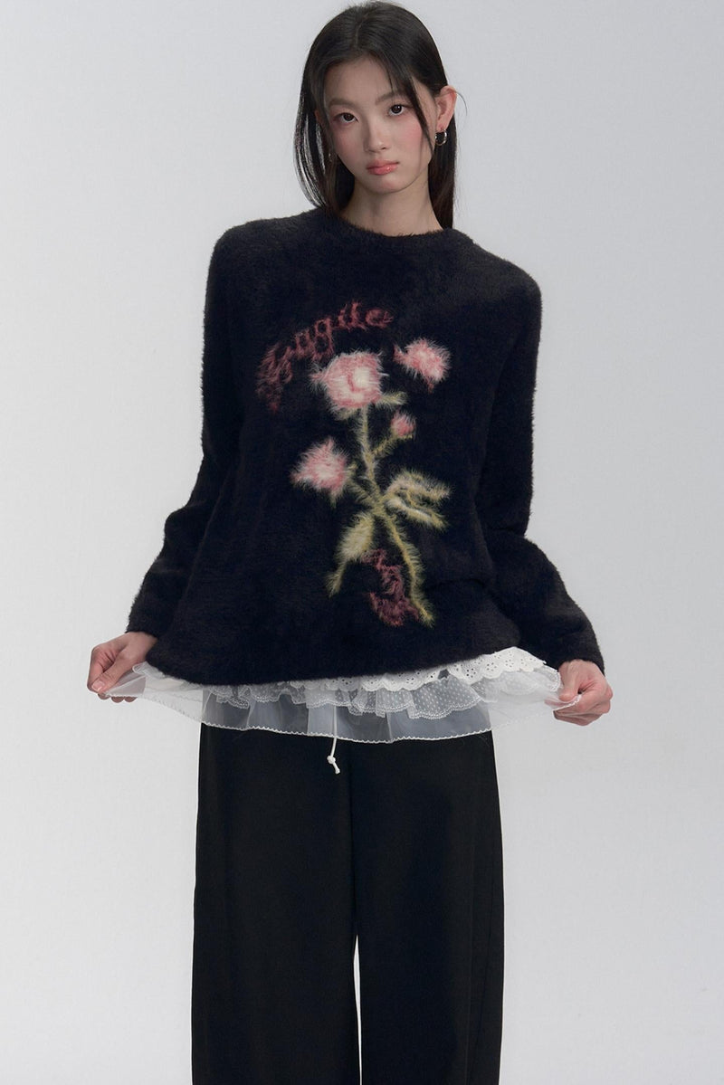 Embroidered Fuzzy Sweater