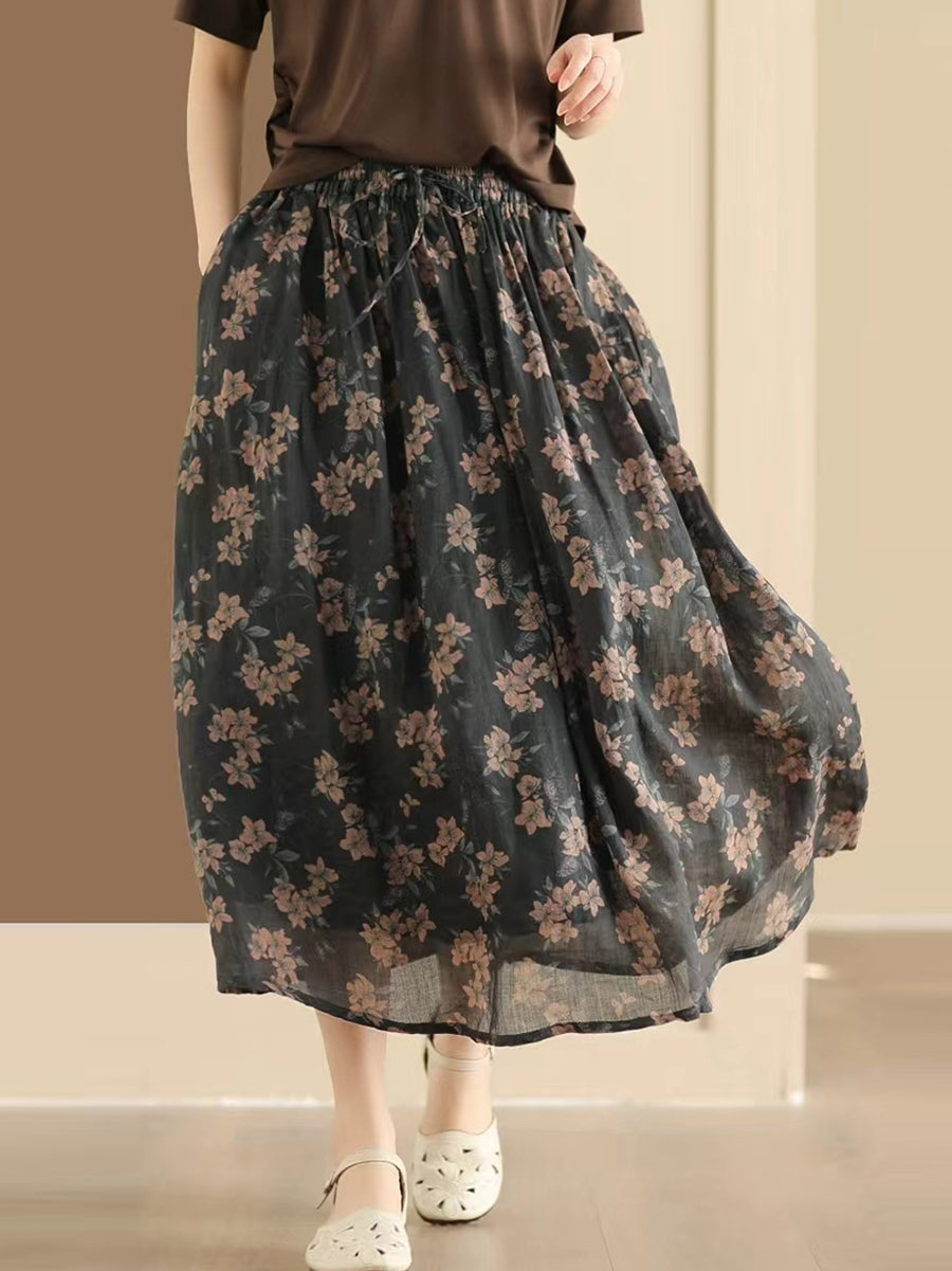 Summer Flower Ramie Loose Skirt Qw1006