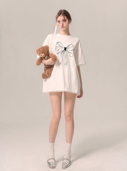 White Loose Short-sleeved T-shirt With Bow Lace Trim