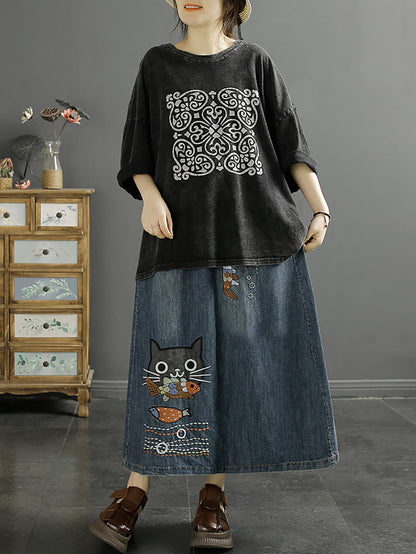 Summer Cat Fish Embroidery Denim Skirt Kl1008