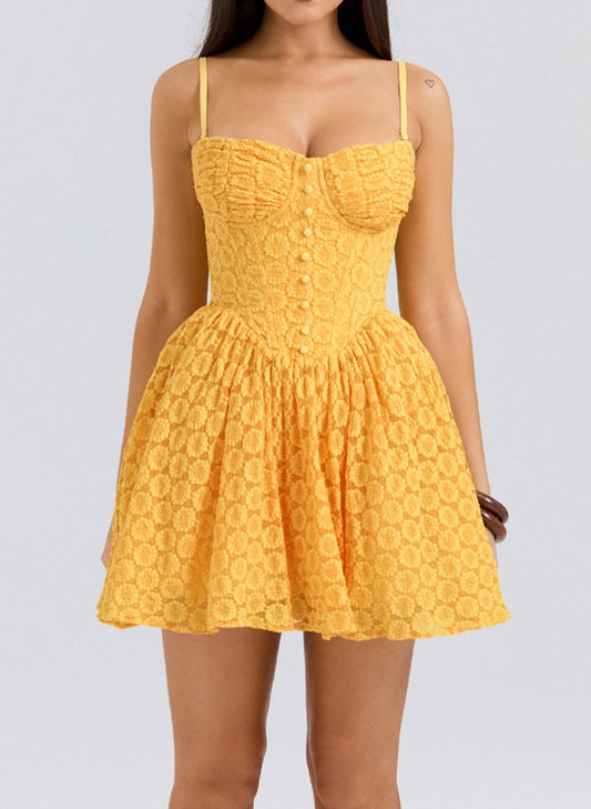 Flower Lace Yellow Mini Dress