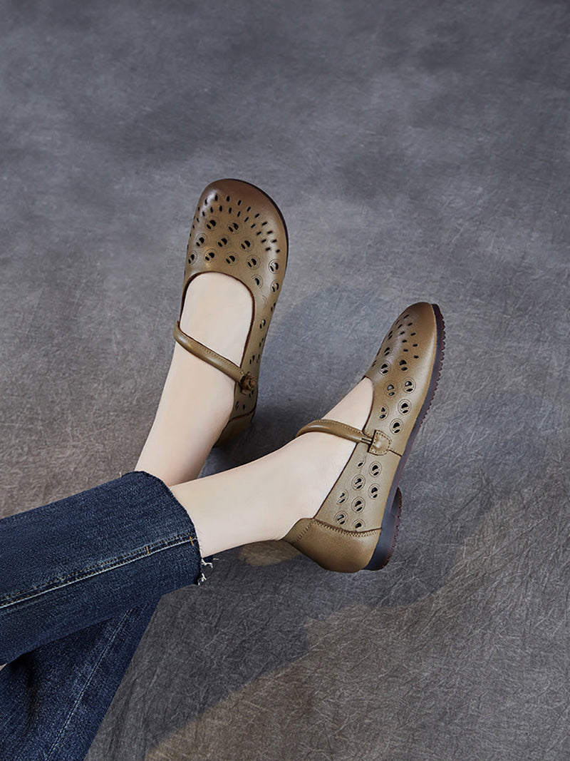 Genuine Shoes Summer Hollow Out Heel Low Leather