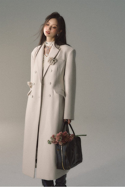 Cream Woolen Double-breasted Coat